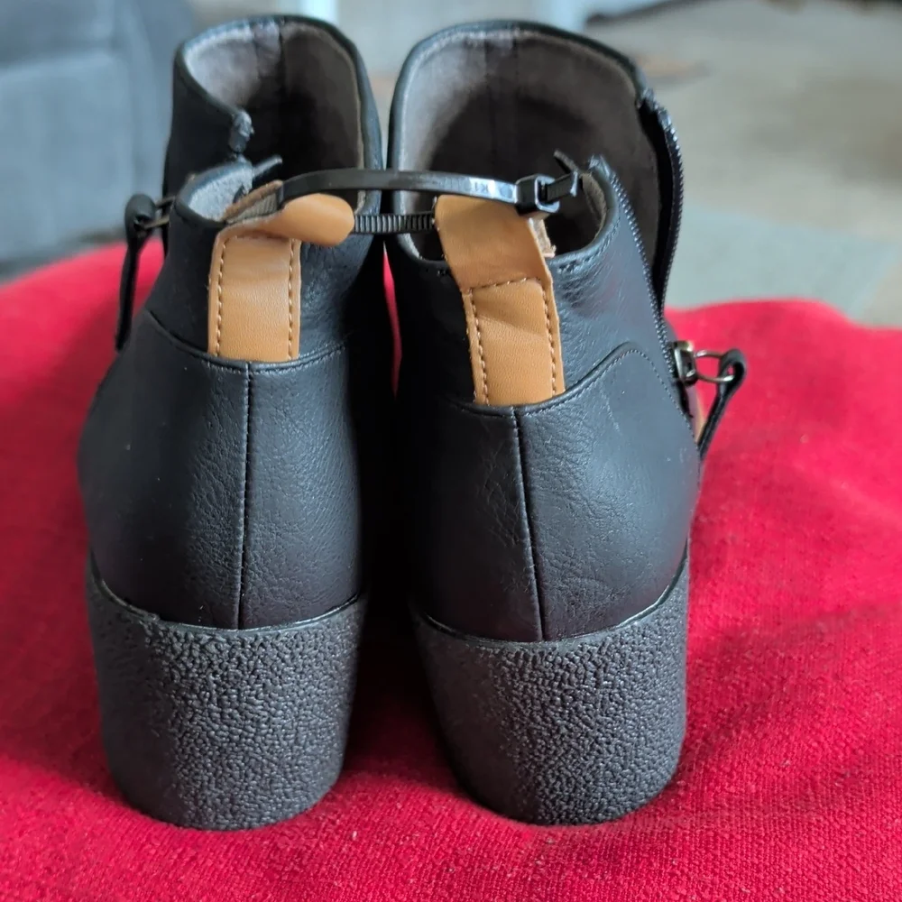 Dr. Scholl's Black Wedge Ankle Boots with Tan Pull Tab